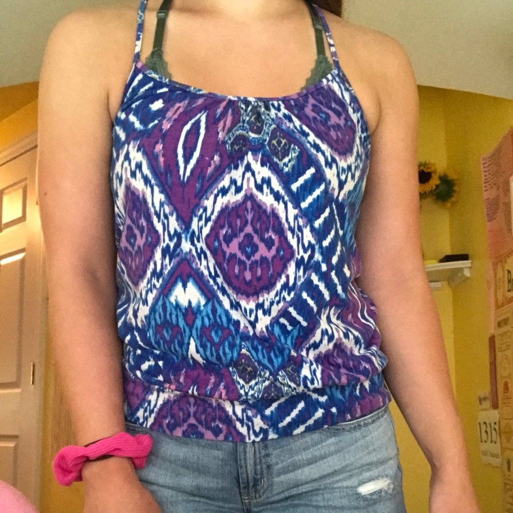 Fun patterned purple, blue and white shirt